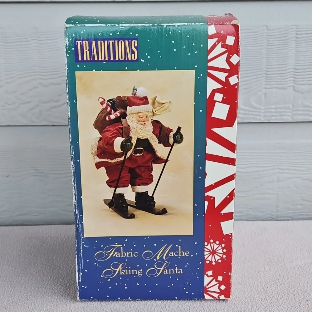 Traditions Fabric Mache Skiing Santa Claus Christmas Decor Figurine Vintage 10